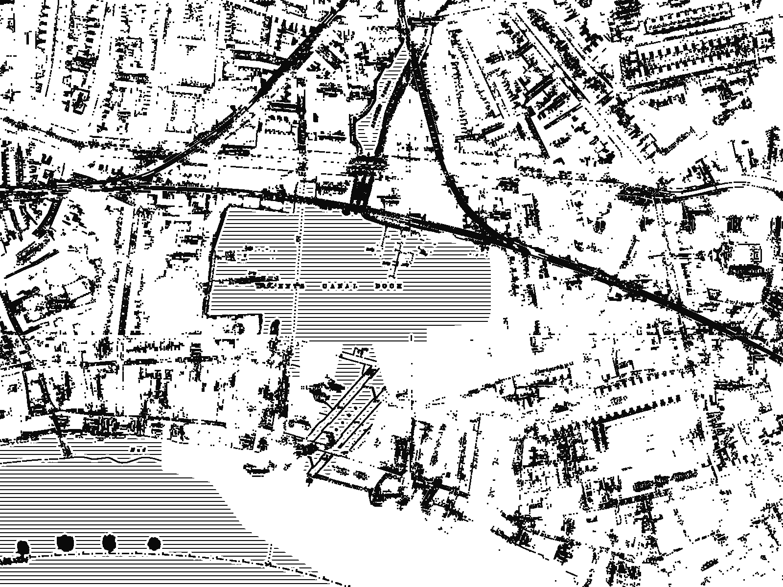 One-bit engraving of the 1893 Ordnance Survey five-feet-to-the-mile town plan of Limehouse: Regent's Canal Dock ruled with water lines, the Thames sweeping below, terraces all around.